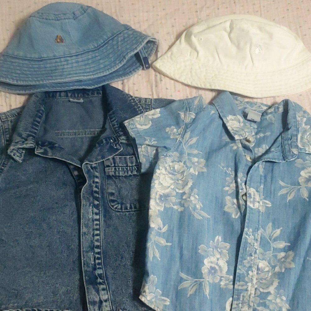 Boys button up denim shirt and bucket hats